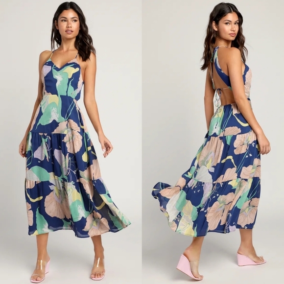 Lulus Hours of Flowers Blue Multi Floral Lace-Up Tiered Midi Dress S Party - Picture 1 of 9